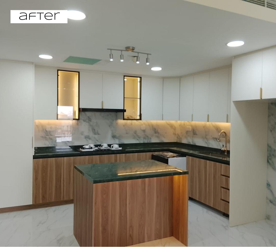 Luxury kitchen after renovation by TAM Living Dubai — marble worktop and bespoke cabinetry